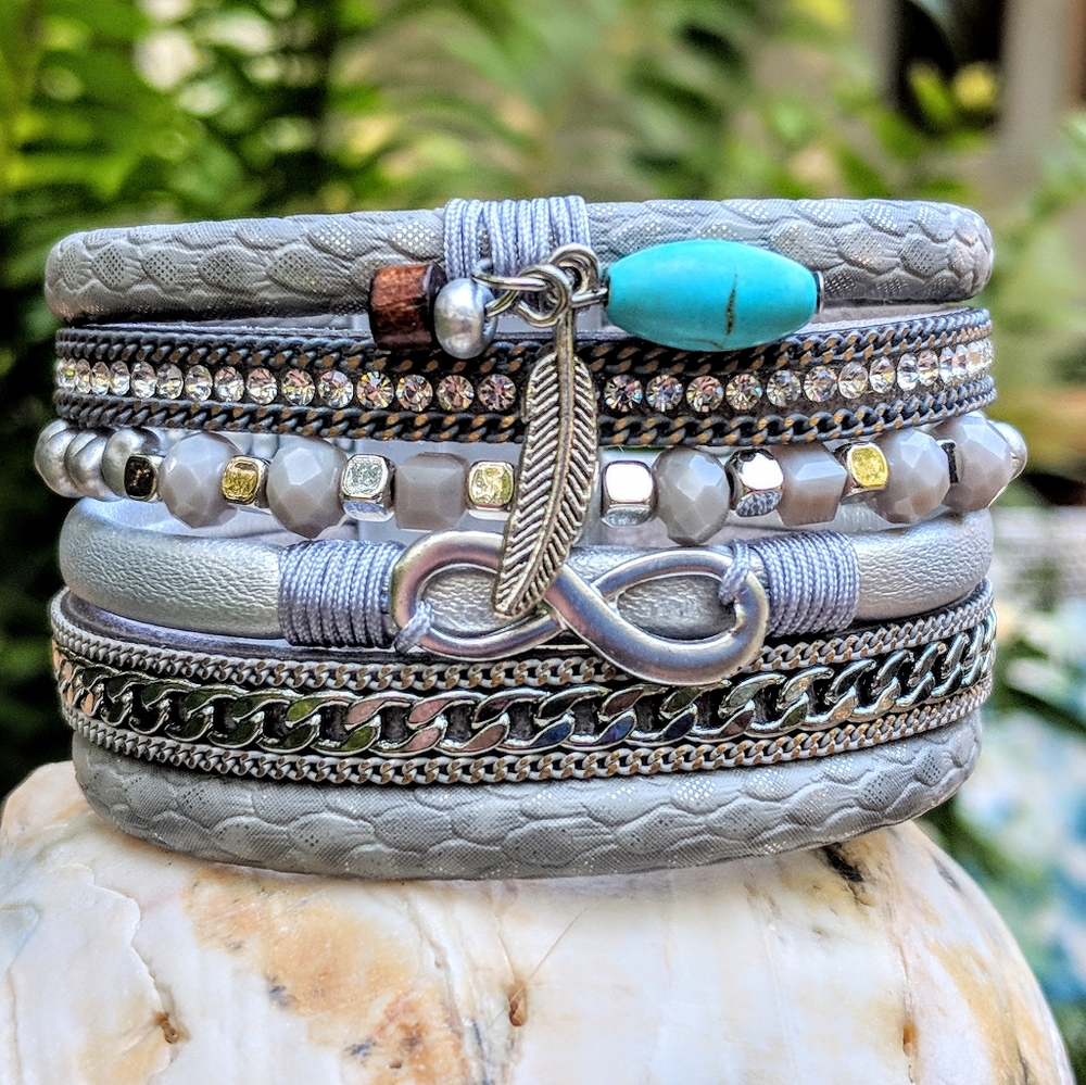 Gray multi-strand leather bracelet with turquoise